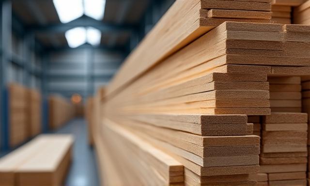 Stack of precisely cut timber planks in a processing facility.